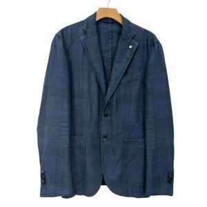 LBM 1911 Sport Blazer Mens EU 50R/USA 40R Navy Plaid Linen Blend Tailored Italy